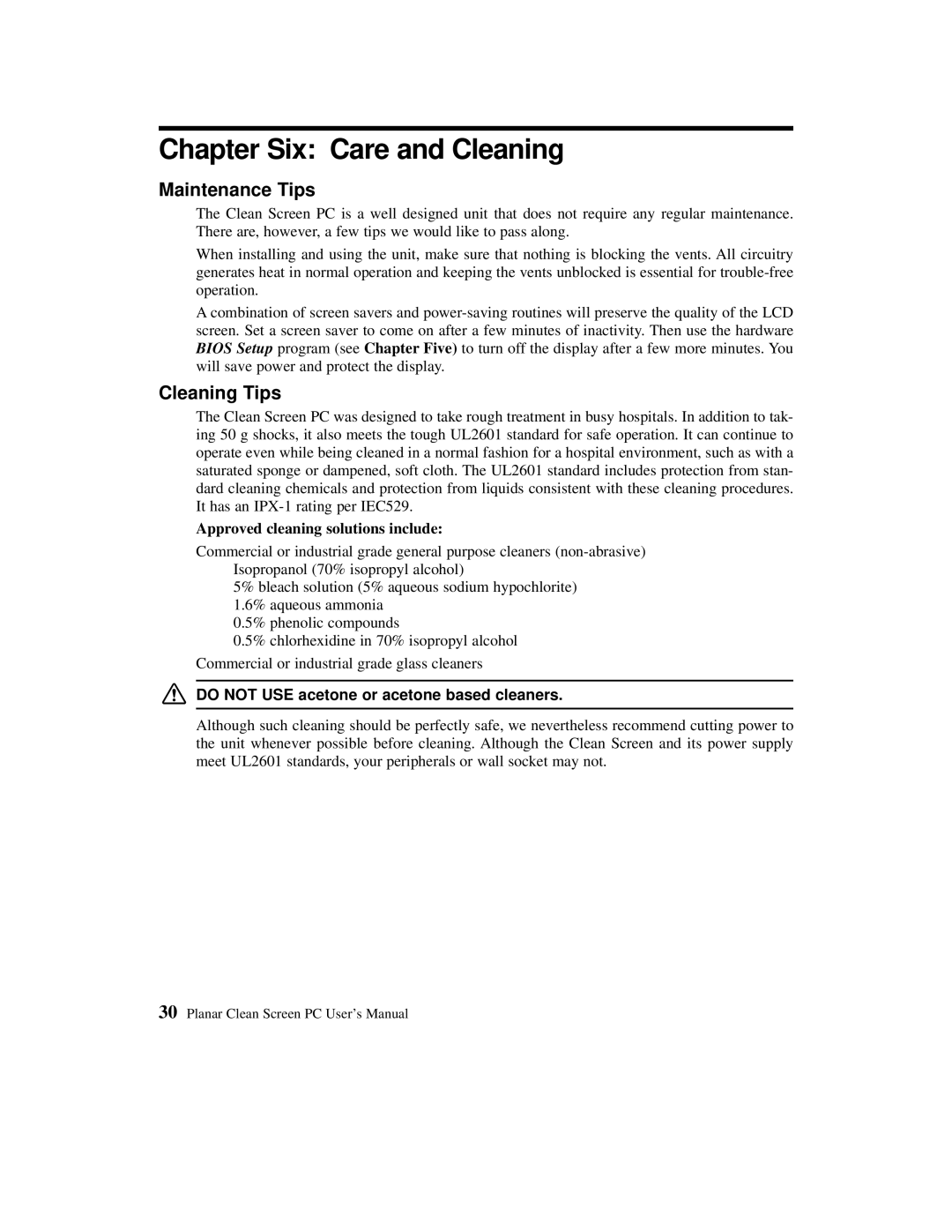 Planar C3012T, C3013T Chapter Six Care and Cleaning, Maintenance Tips, Cleaning Tips, Approved cleaning solutions include 