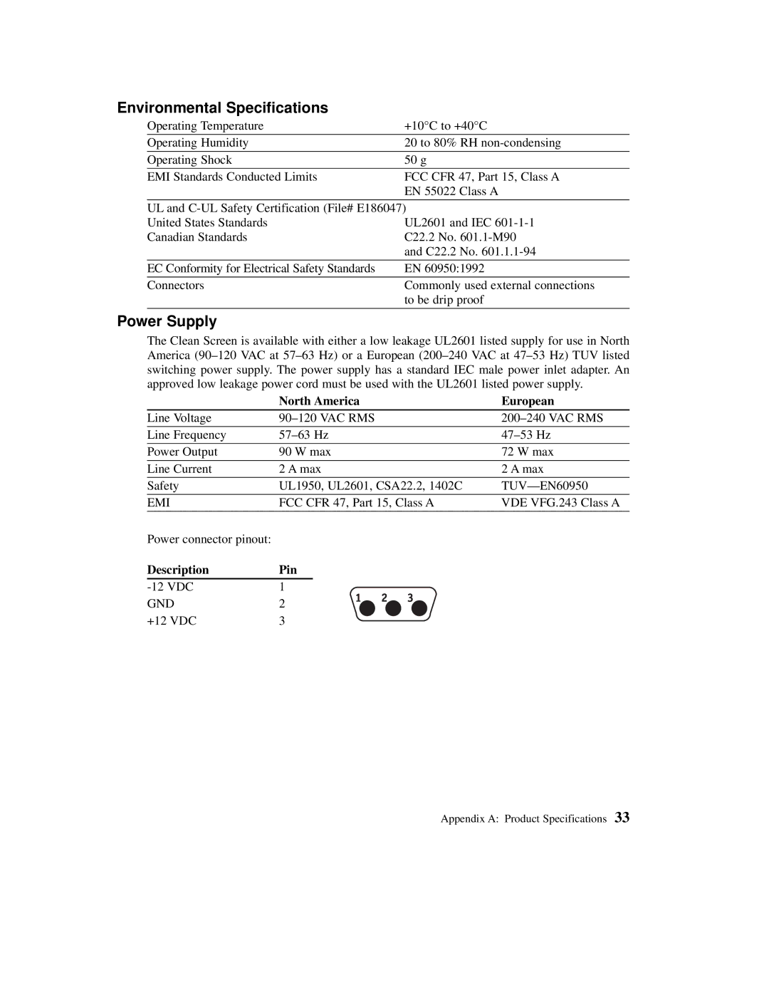 Planar C3013T, C3012T user manual Environmental Specifications, North America European, Description Pin 