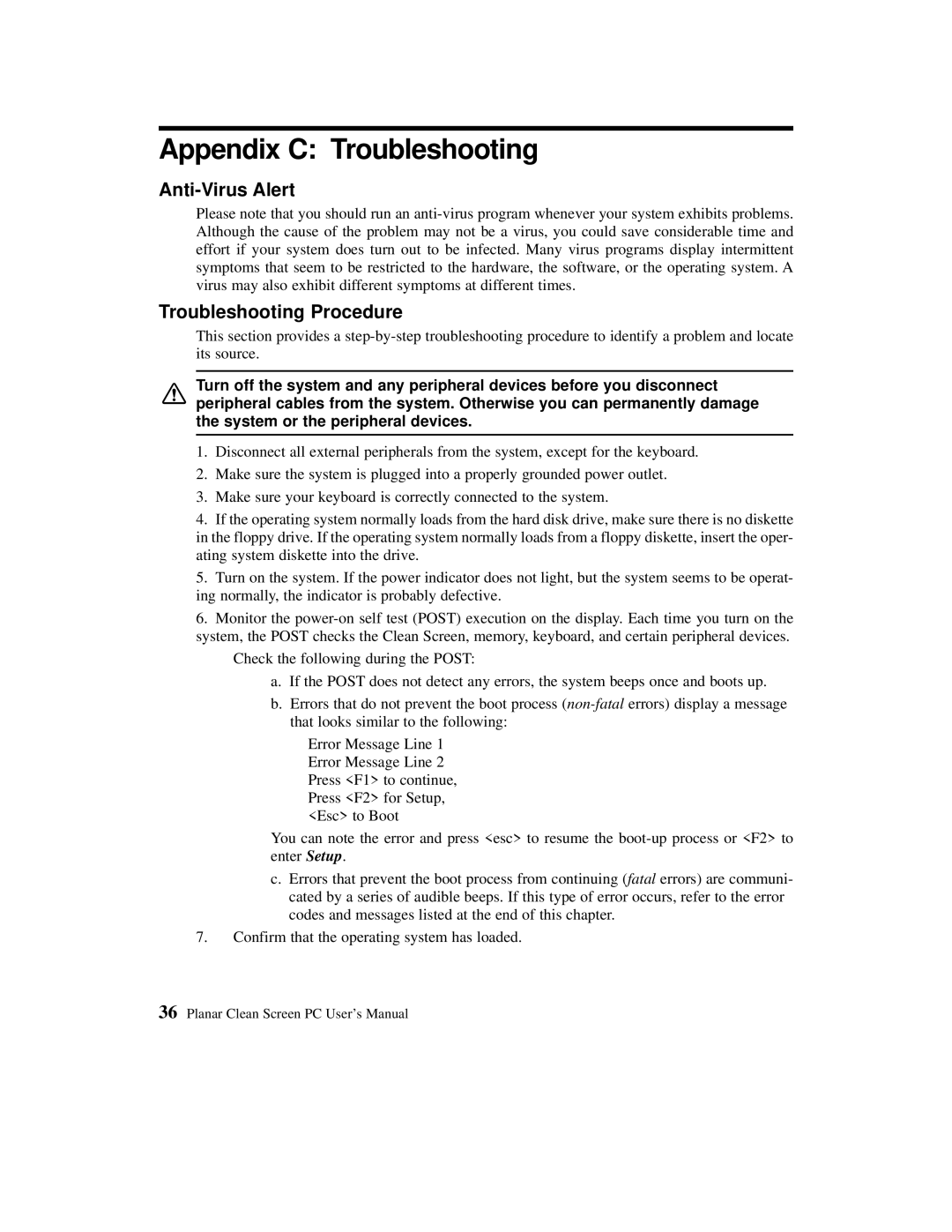 Planar C3012T, C3013T user manual Appendix C Troubleshooting, Anti-Virus Alert, Troubleshooting Procedure 