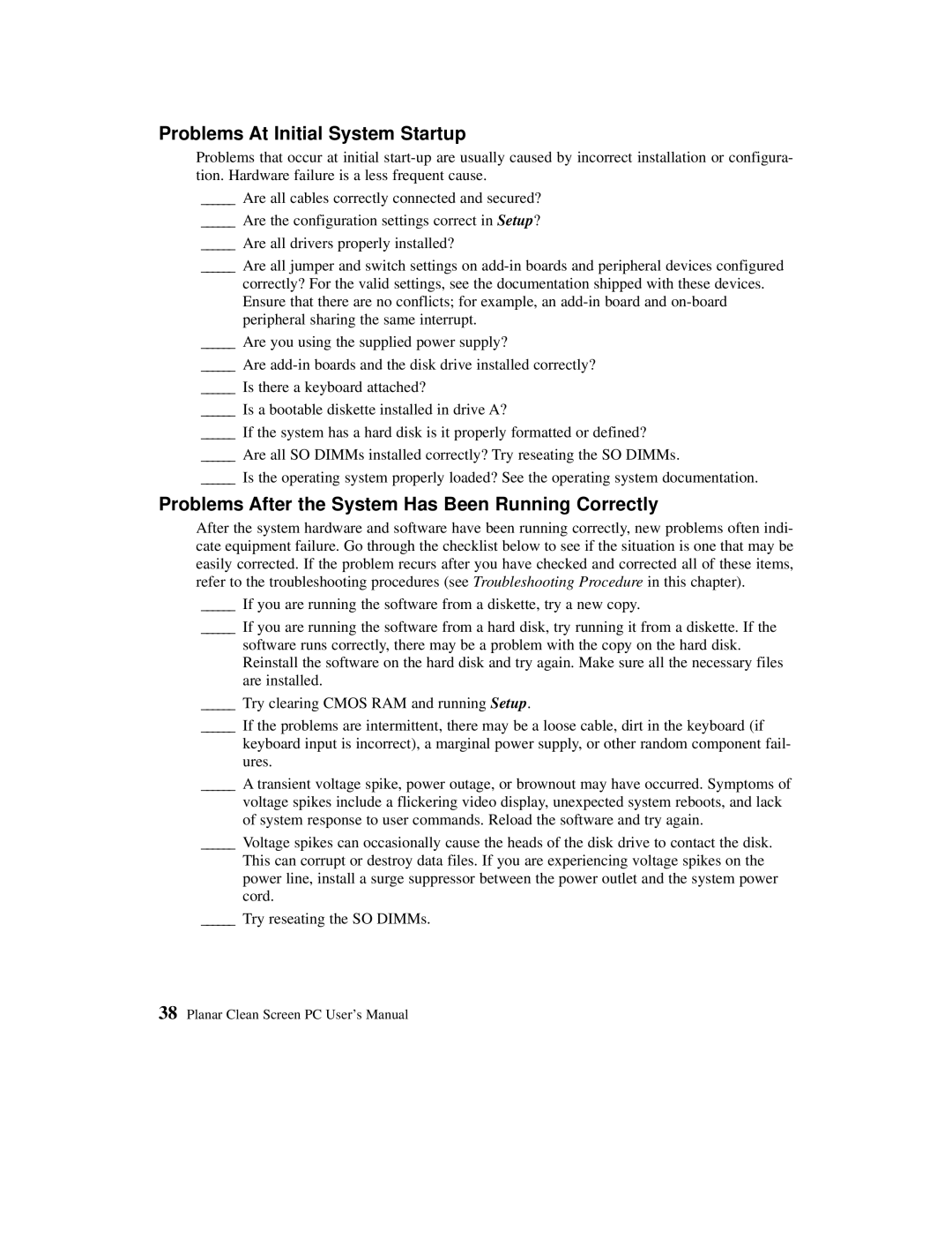 Planar C3012T, C3013T user manual Problems At Initial System Startup, Problems After the System Has Been Running Correctly 