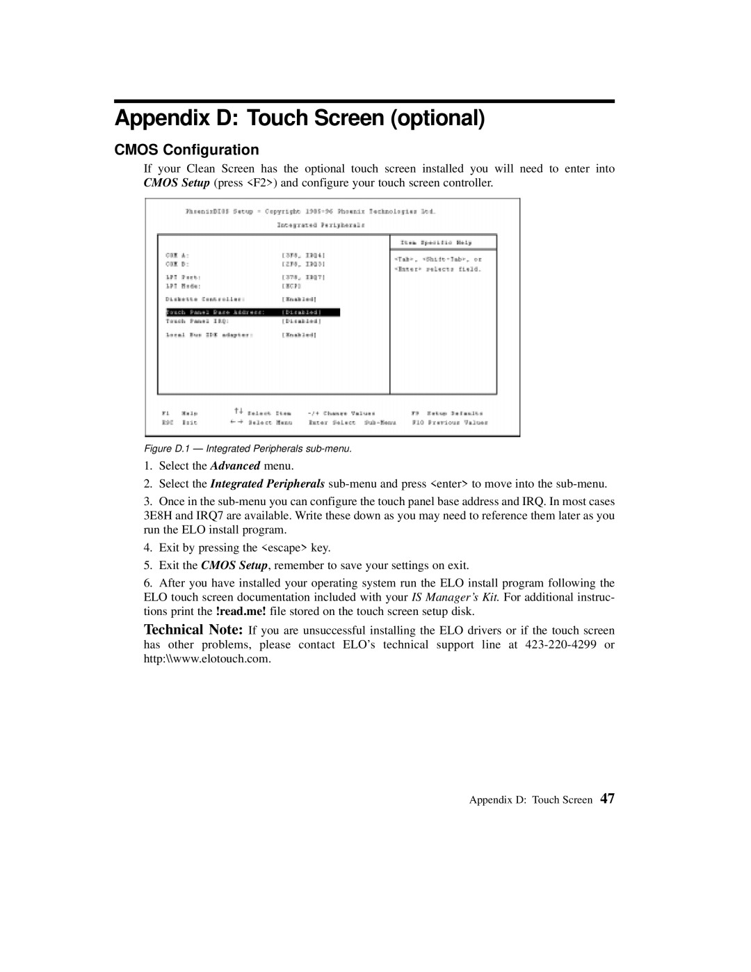 Planar C3013T, C3012T user manual Appendix D Touch Screen optional, Cmos Configuration 