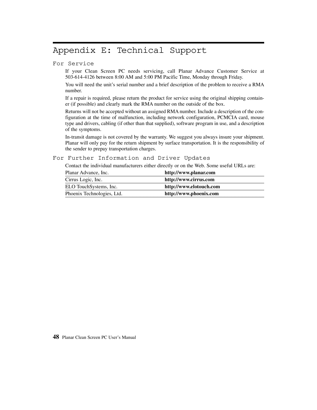 Planar C3012T, C3013T user manual Appendix E Technical Support, For Service, For Further Information and Driver Updates 