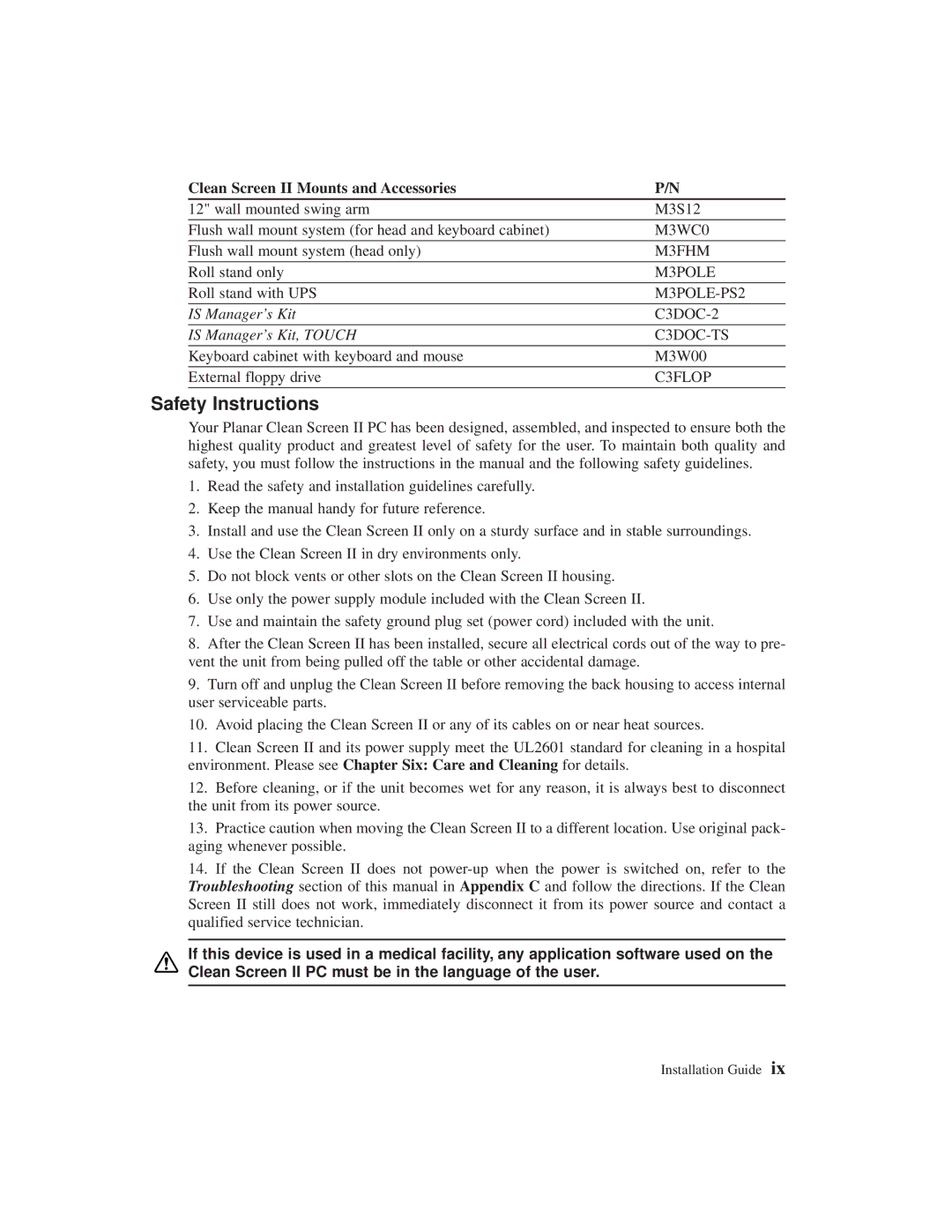 Planar C3215 user manual Safety Instructions, Clean Screen II Mounts and Accessories 