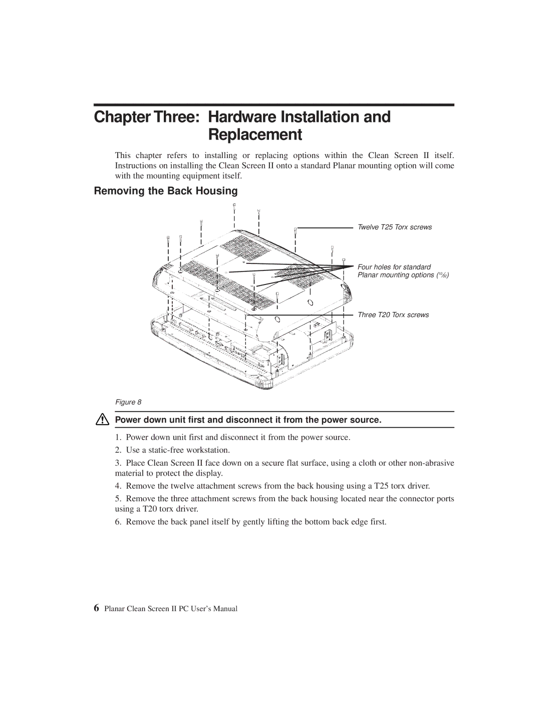 Planar C3215 user manual Chapter Three Hardware Installation and Replacement, Removing the Back Housing 