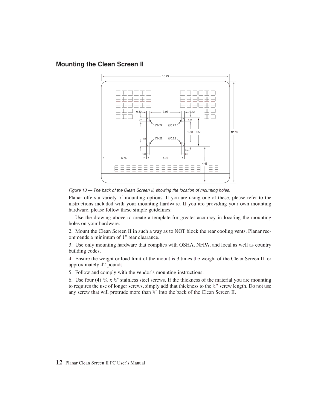 Planar C3215 user manual Mounting the Clean Screen 