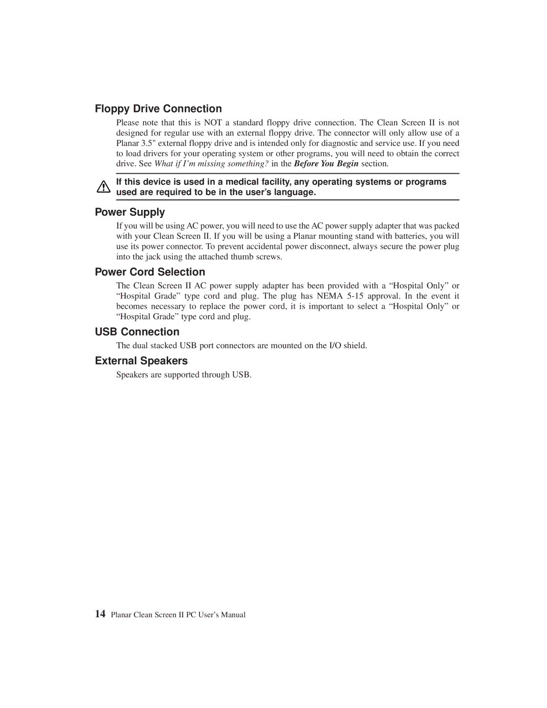 Planar C3215 user manual Floppy Drive Connection, Power Supply, Power Cord Selection, USB Connection, External Speakers 