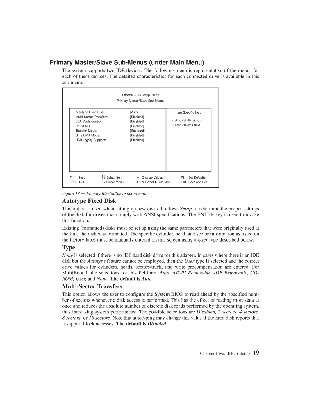 Planar C3215 user manual Primary Master/Slave Sub-Menus under Main Menu, Autotype Fixed Disk, Type, Multi-Sector Transfers 