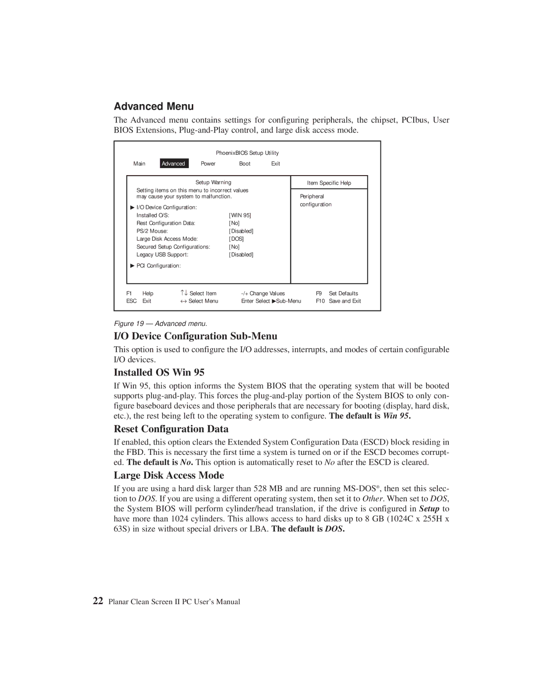 Planar C3215 user manual Advanced Menu, Device Configuration Sub-Menu, Installed OS Win, Reset Configuration Data 