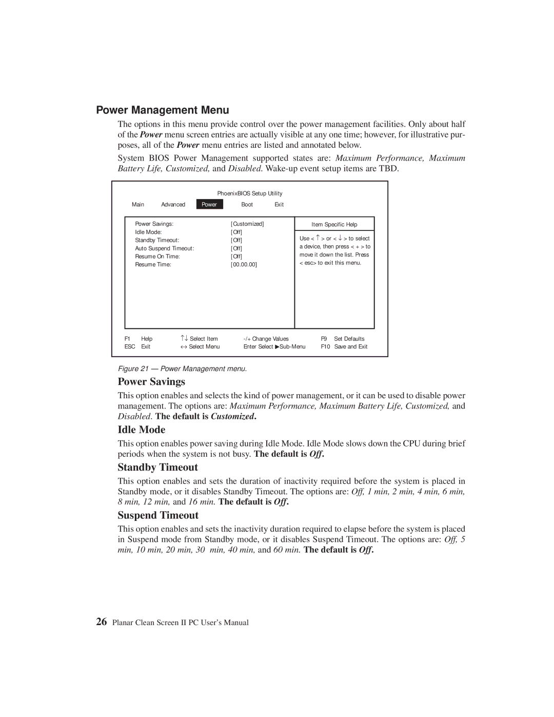 Planar C3215 user manual Power Management Menu, Power Savings, Idle Mode, Standby Timeout, Suspend Timeout 