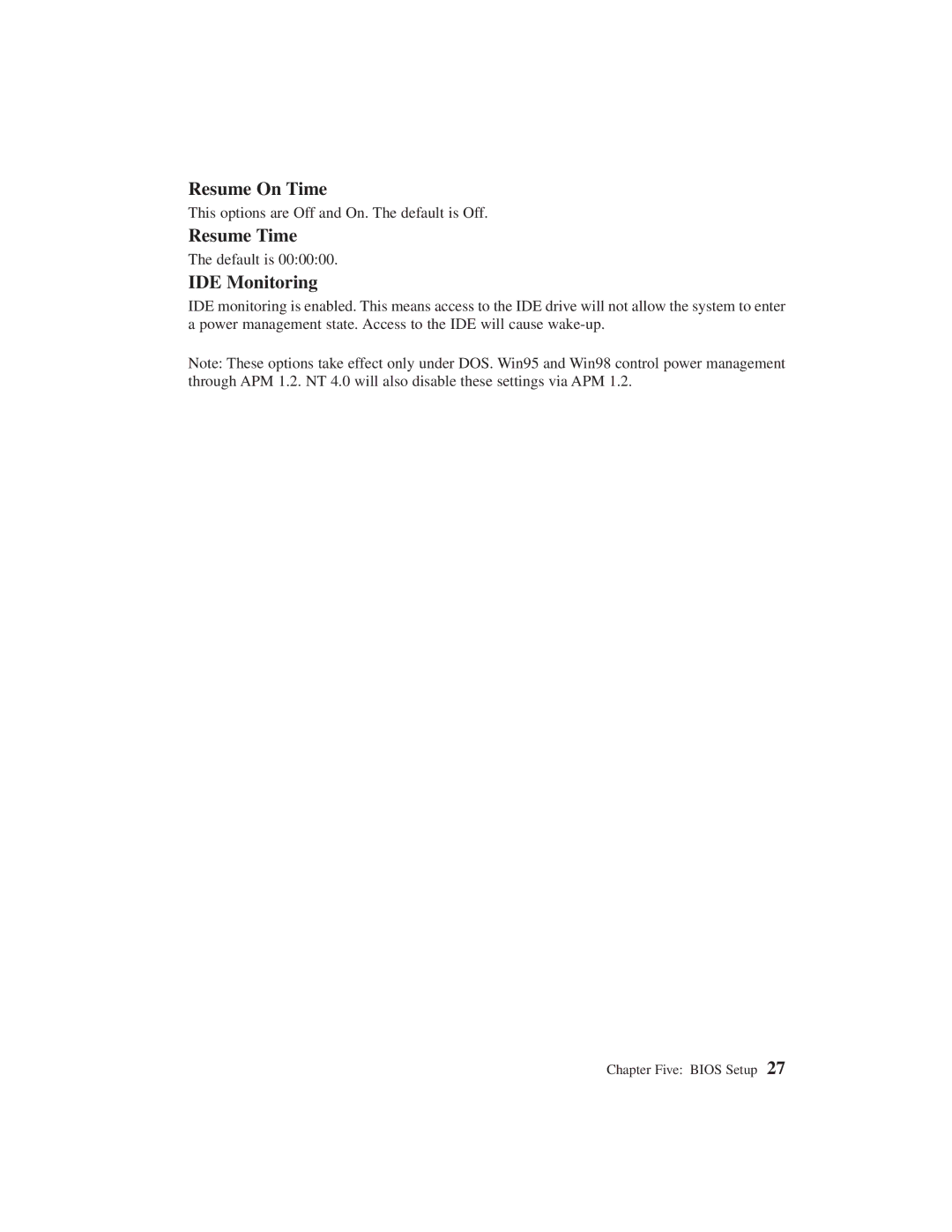 Planar C3215 user manual Resume On Time, Resume Time, IDE Monitoring 