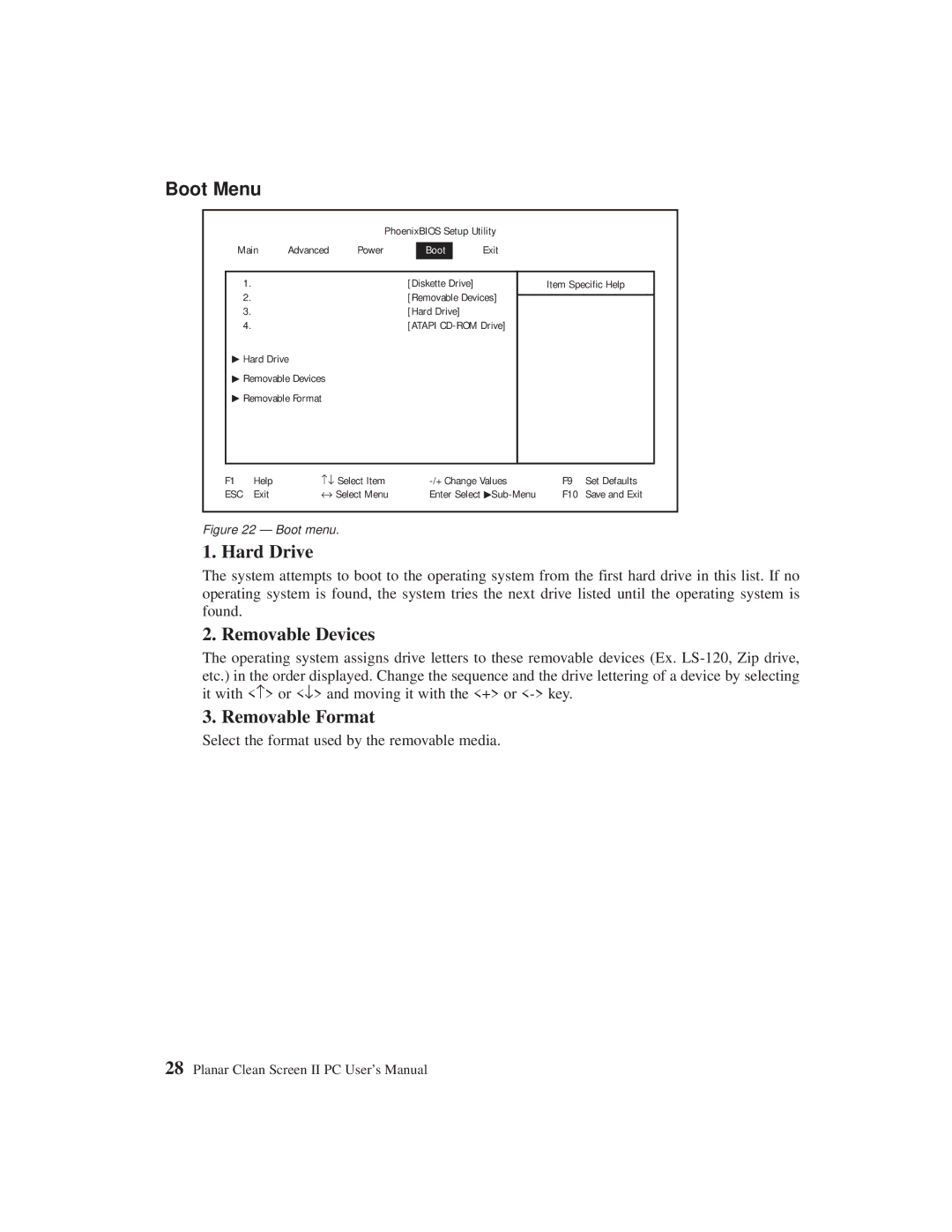 Planar C3215 user manual Boot Menu, Hard Drive, Removable Devices, Removable Format 