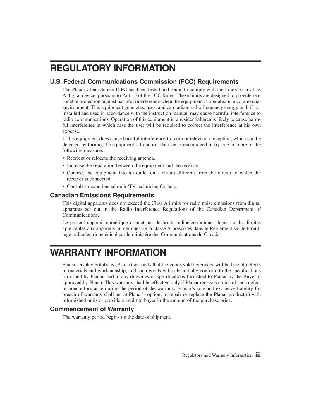 Planar C3215 Federal Communications Commission FCC Requirements, Canadian Emissions Requirements, Commencement of Warranty 