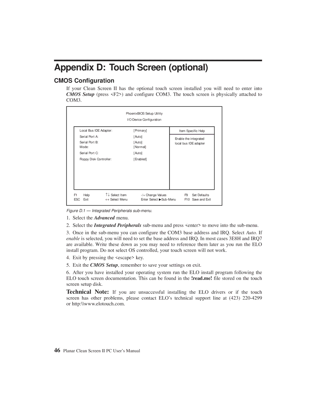 Planar C3215 user manual Appendix D Touch Screen optional, Cmos Configuration 