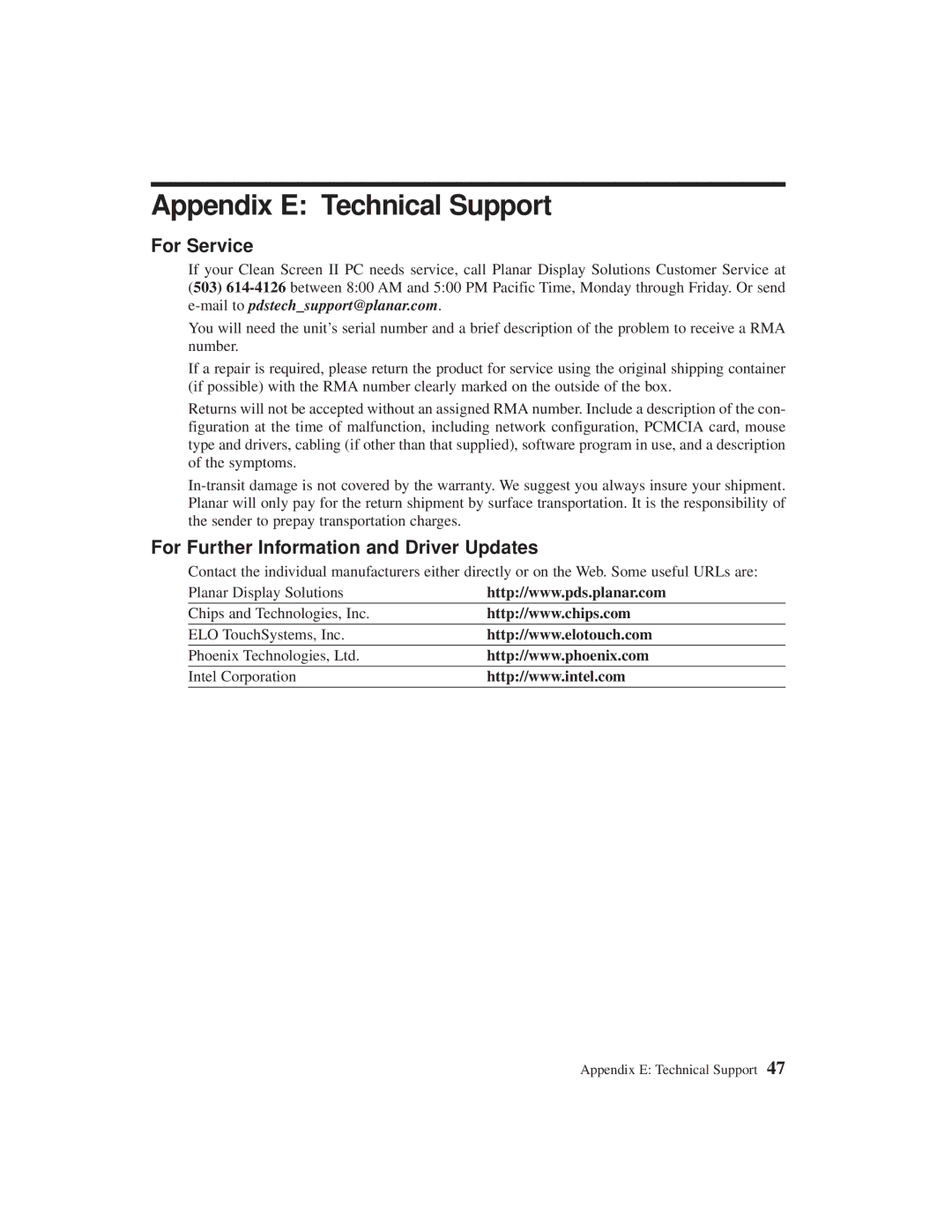 Planar C3215 user manual Appendix E Technical Support, For Service, For Further Information and Driver Updates 