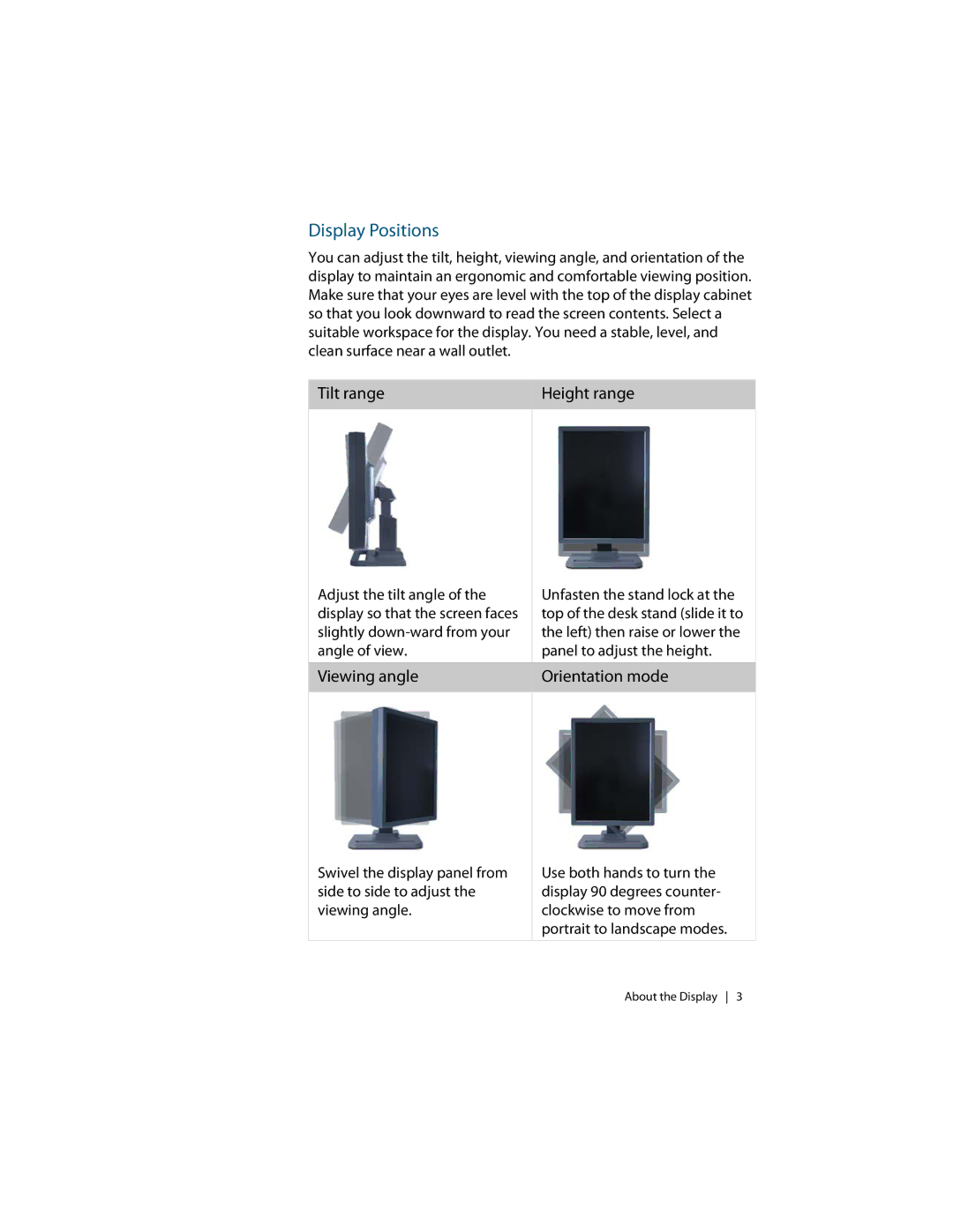 Planar C3i/EX manual Display Positions, Tilt range Height range 