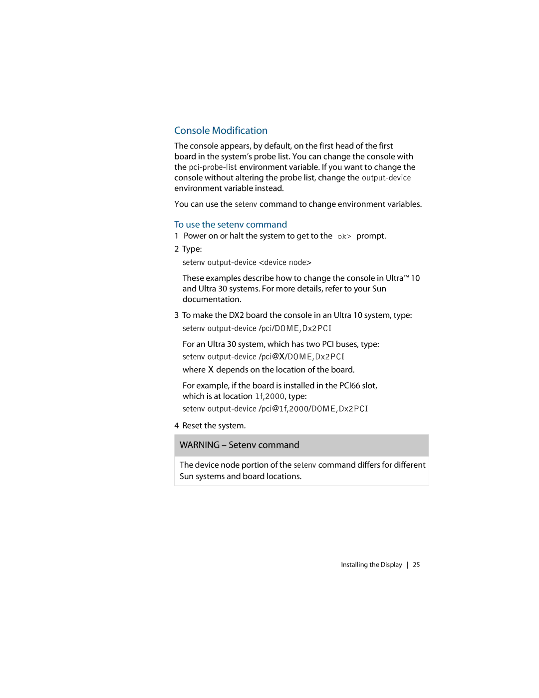 Planar C3i/EX manual Console Modification, To use the setenv command 