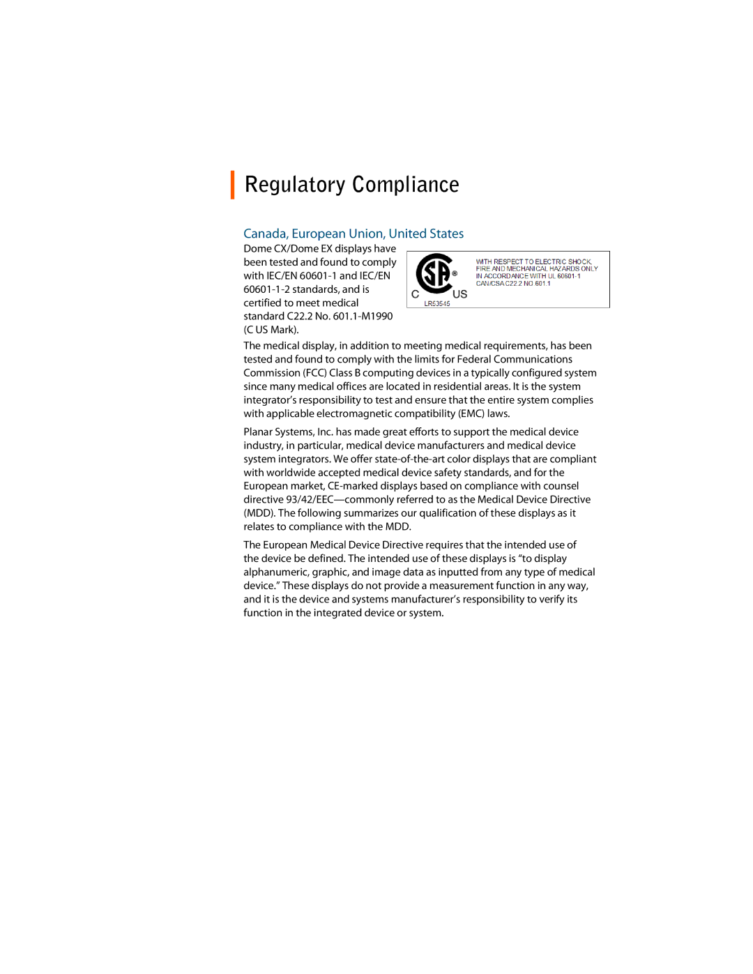 Planar C3i/EX manual Regulatory Compliance, Canada, European Union, United States 