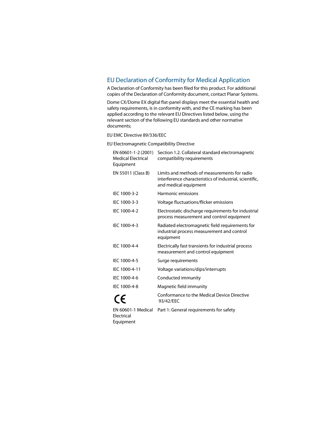 Planar C3i/EX manual EU Declaration of Conformity for Medical Application 