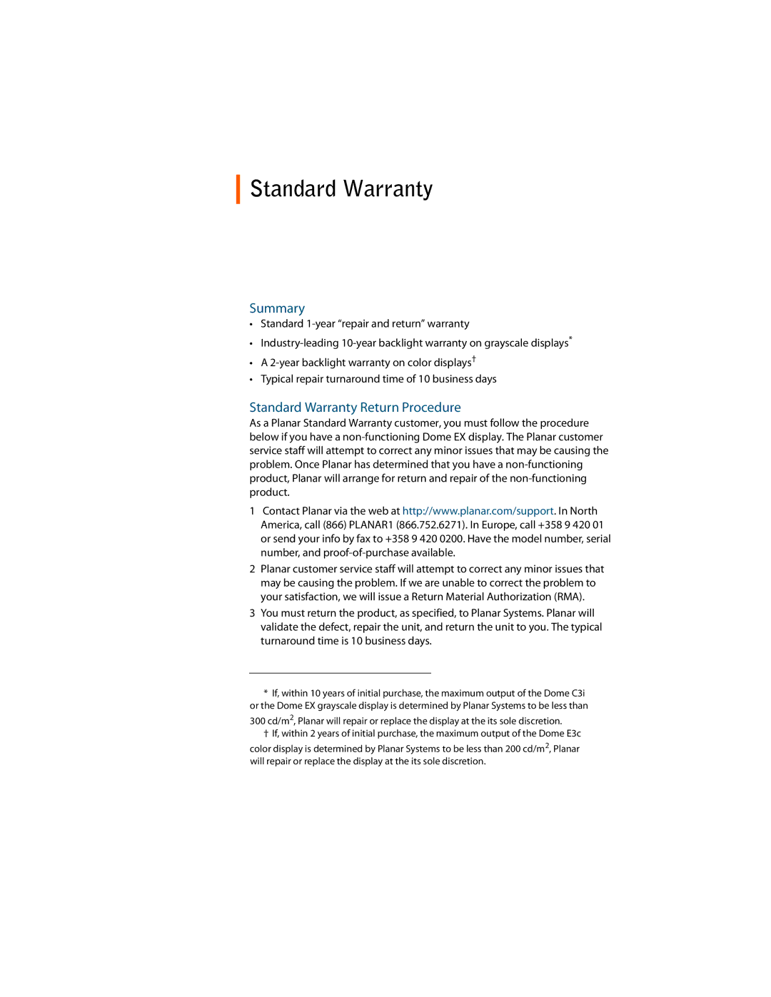 Planar C3i/EX manual Summary, Standard Warranty Return Procedure 