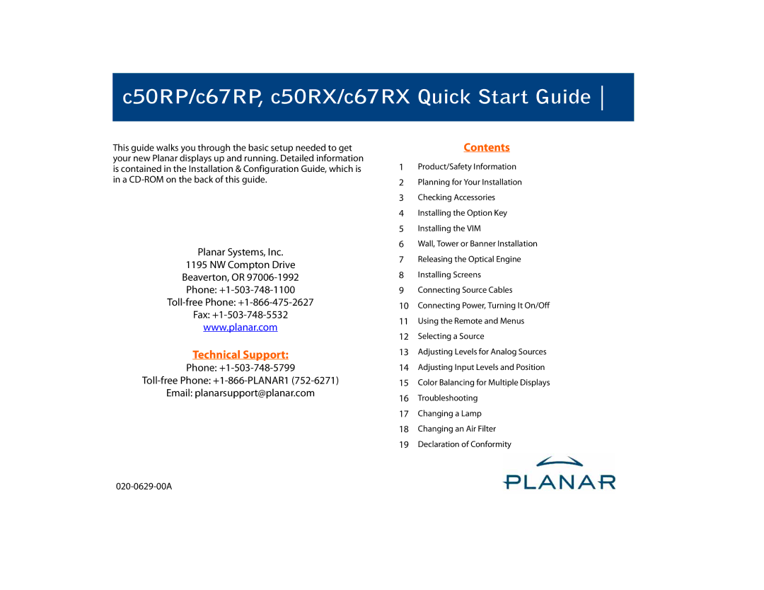 Planar C67RP, C50RX, C67RX quick start C50RP/c67RP, c50RX/c67RX Quick Start Guide 