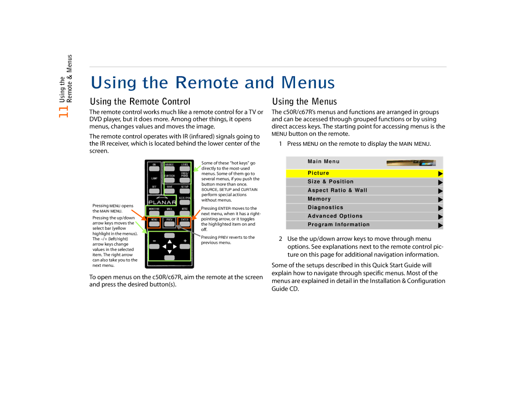 Planar C50RX, C67RP, C67RX quick start Using the Remote and Menus, Using the Remote Control, Using the Menus 