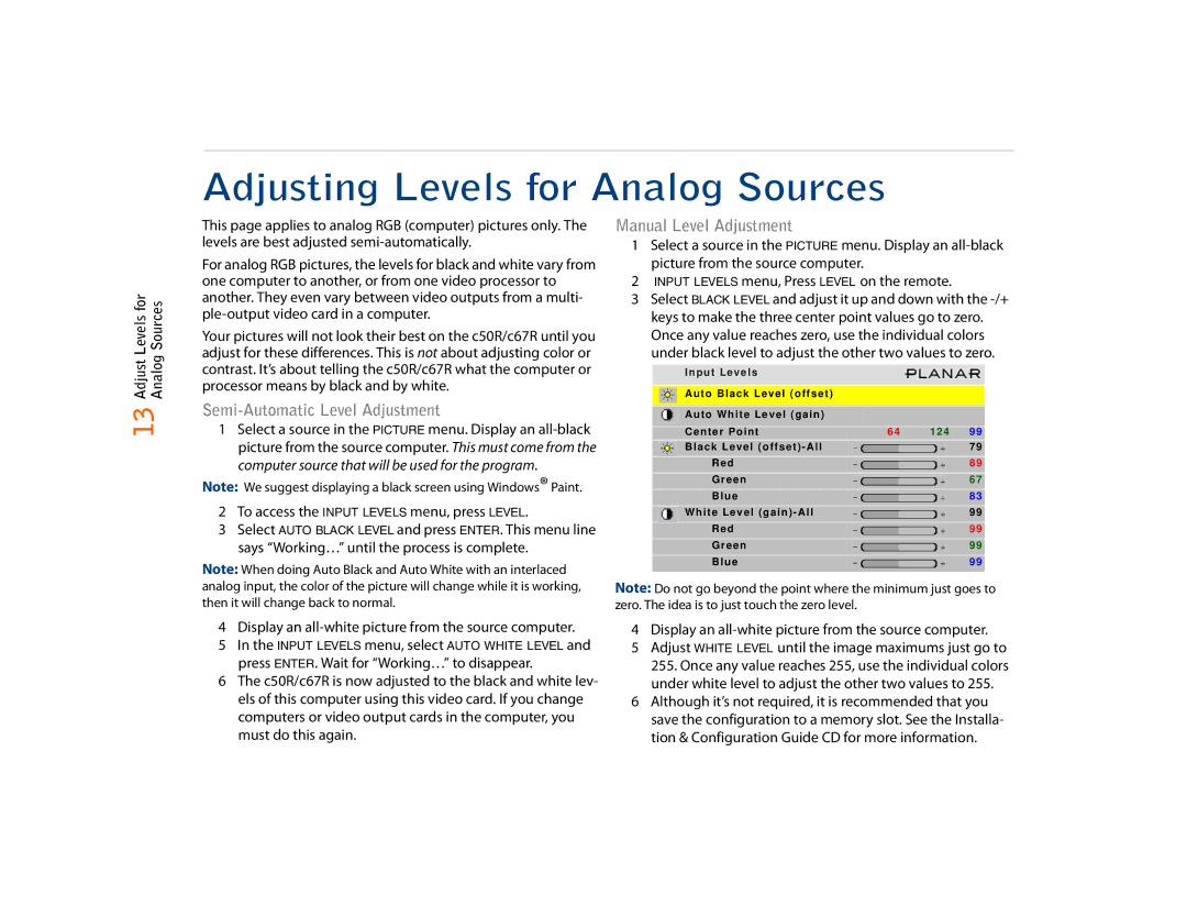 Planar C67RX, C50RX, C67RP Adjusting Levels for Analog Sources, Semi-Automatic Level Adjustment, Manual Level Adjustment 