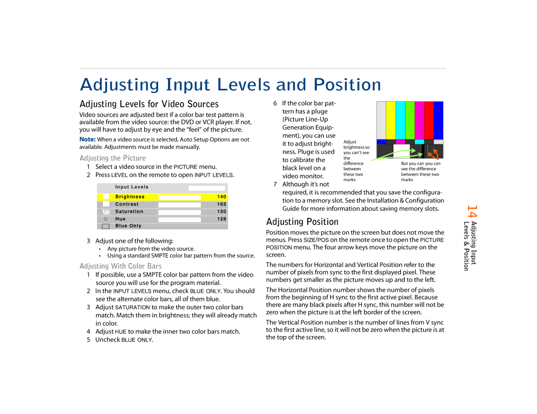 Planar C50RX, C67RP, C67RX Adjusting Input Levels and Position, Adjusting Levels for Video Sources, Adjusting Position 