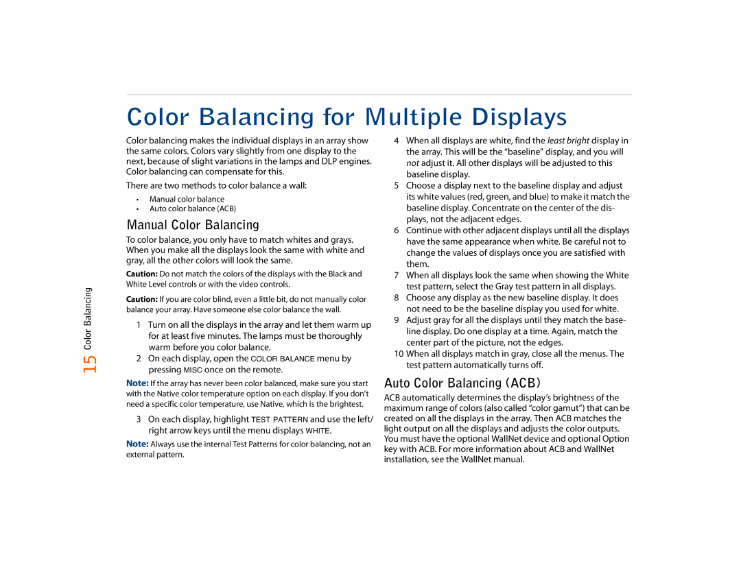 Planar C67RP, C50RX, C67RX Color Balancing for Multiple Displays, Manual Color Balancing, Auto Color Balancing ACB, Them 