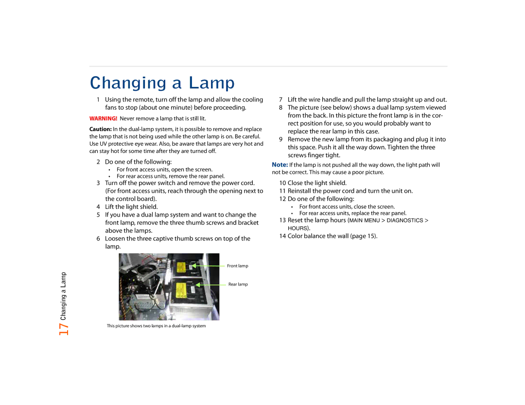 Planar C50RX Changing a Lamp, Do one of the following, Reset the lamp hours Main Menu Diagnostics, Color balance the wall 