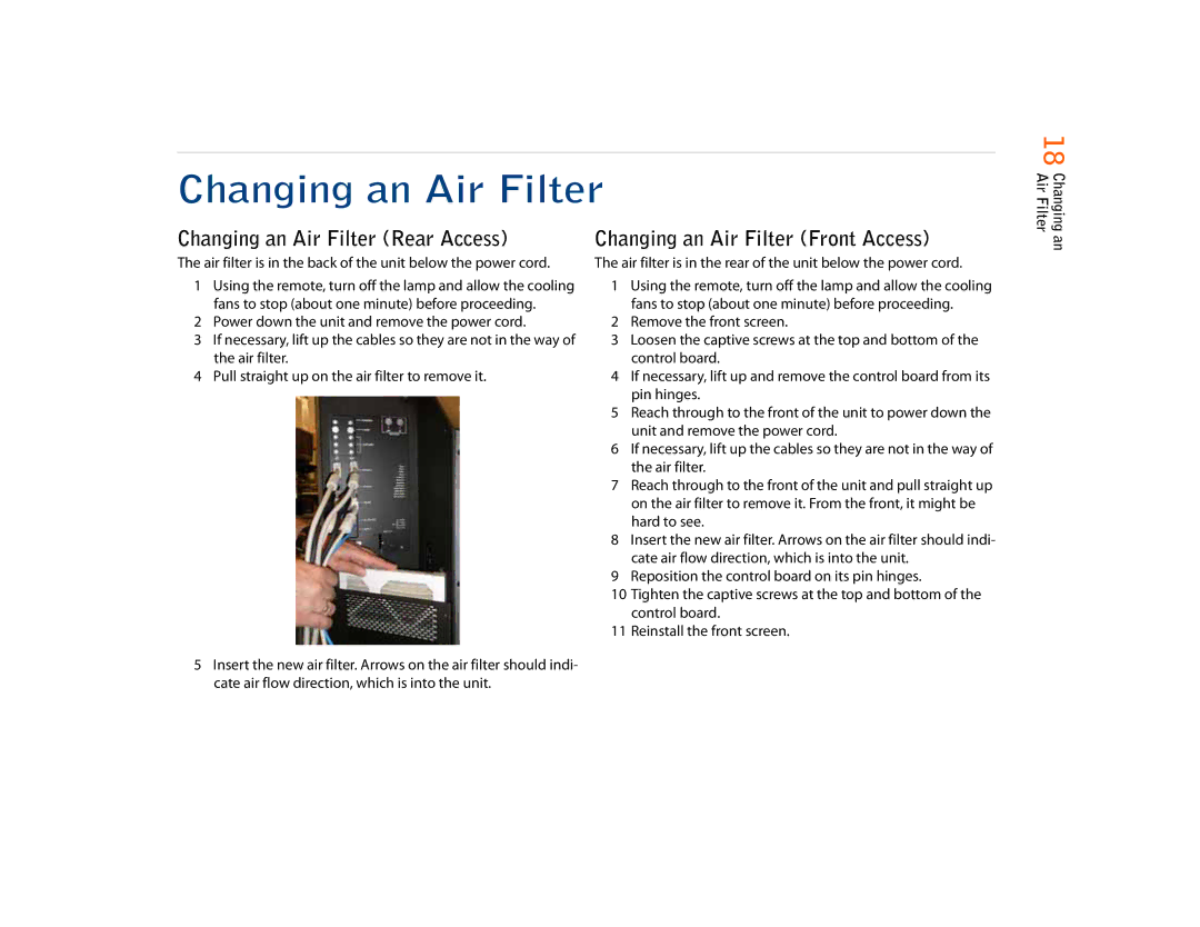 Planar C67RP, C50RX, C67RX quick start Changing an Air Filter Rear Access, Changing an Air Filter Front Access 