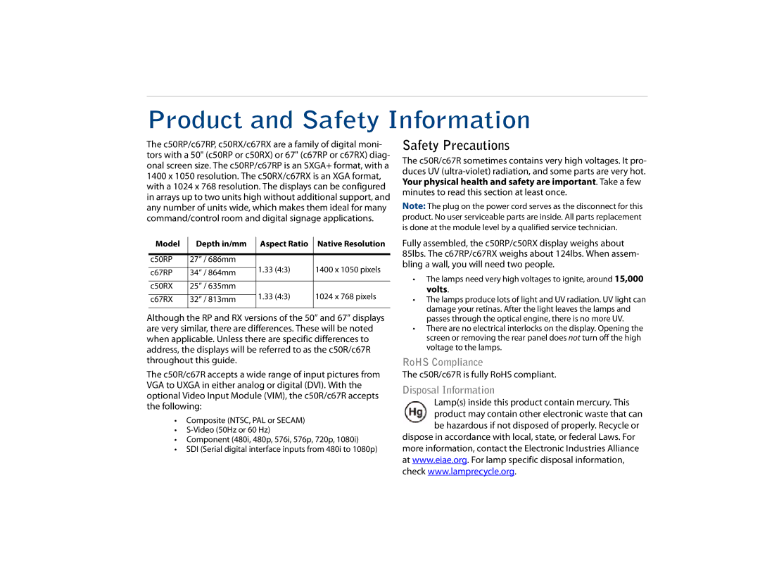 Planar C67RX, C50RX, C67RP Product and Safety Information, Safety Precautions, RoHS Compliance, Disposal Information 