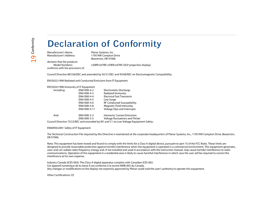 Planar C67RX, C50RX, C67RP quick start Declaration of Conformity 