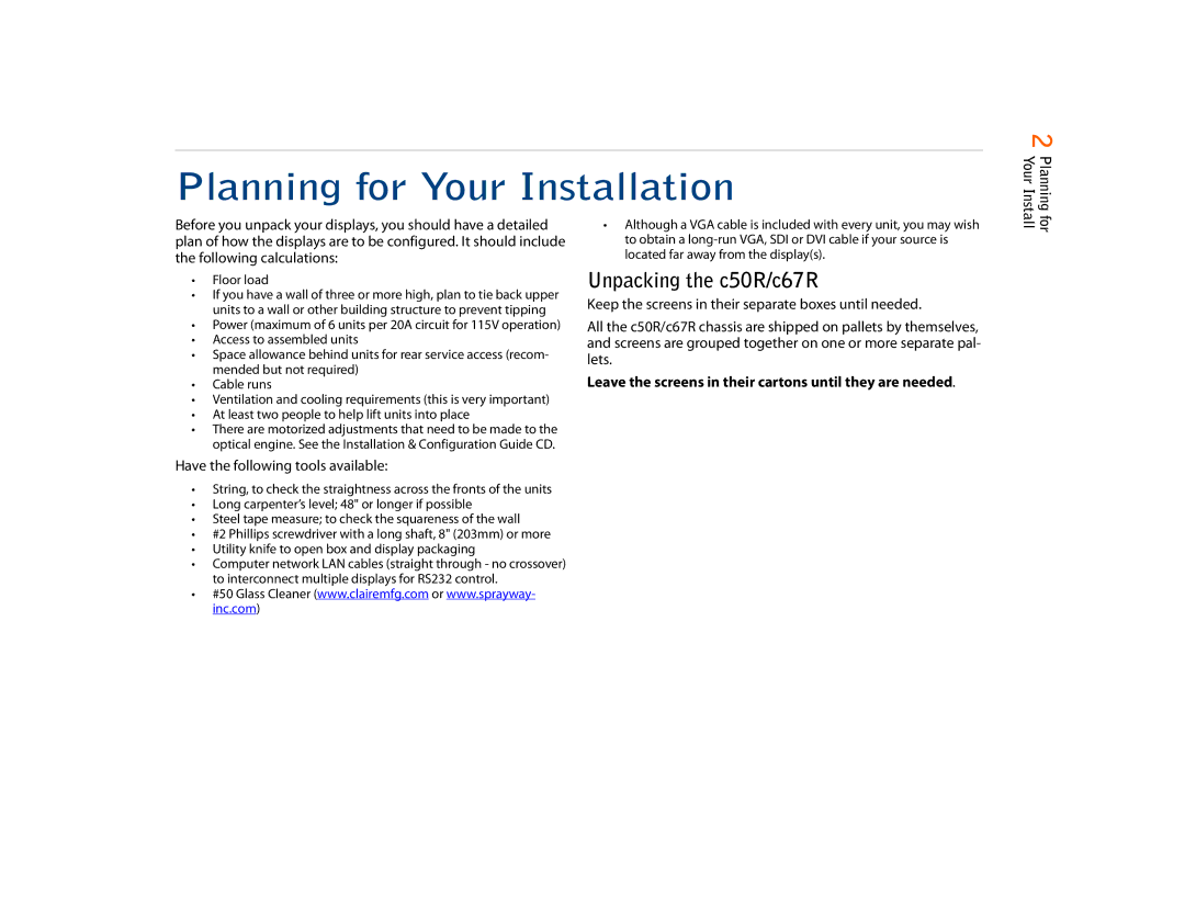 Planar C50RX, C67RP, C67RX Planning for Your Installation, Unpacking the c50R/c67R, Have the following tools available 