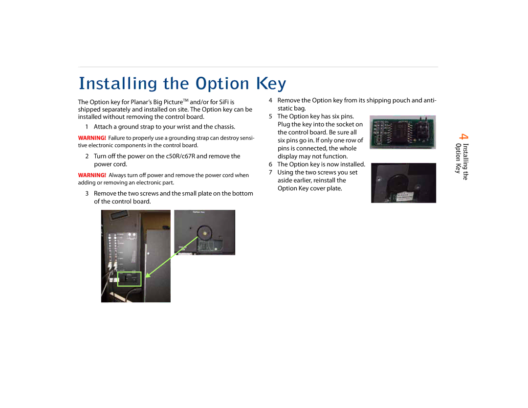 Planar C67RX, C50RX, C67RP quick start Installing the Option Key 