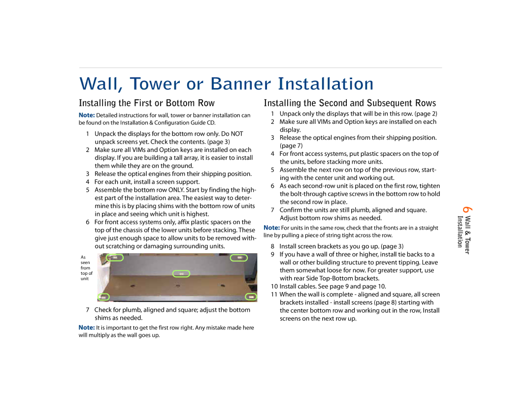 Planar C67RP, C50RX, C67RX quick start Wall, Tower or Banner Installation, Installing the First or Bottom Row 