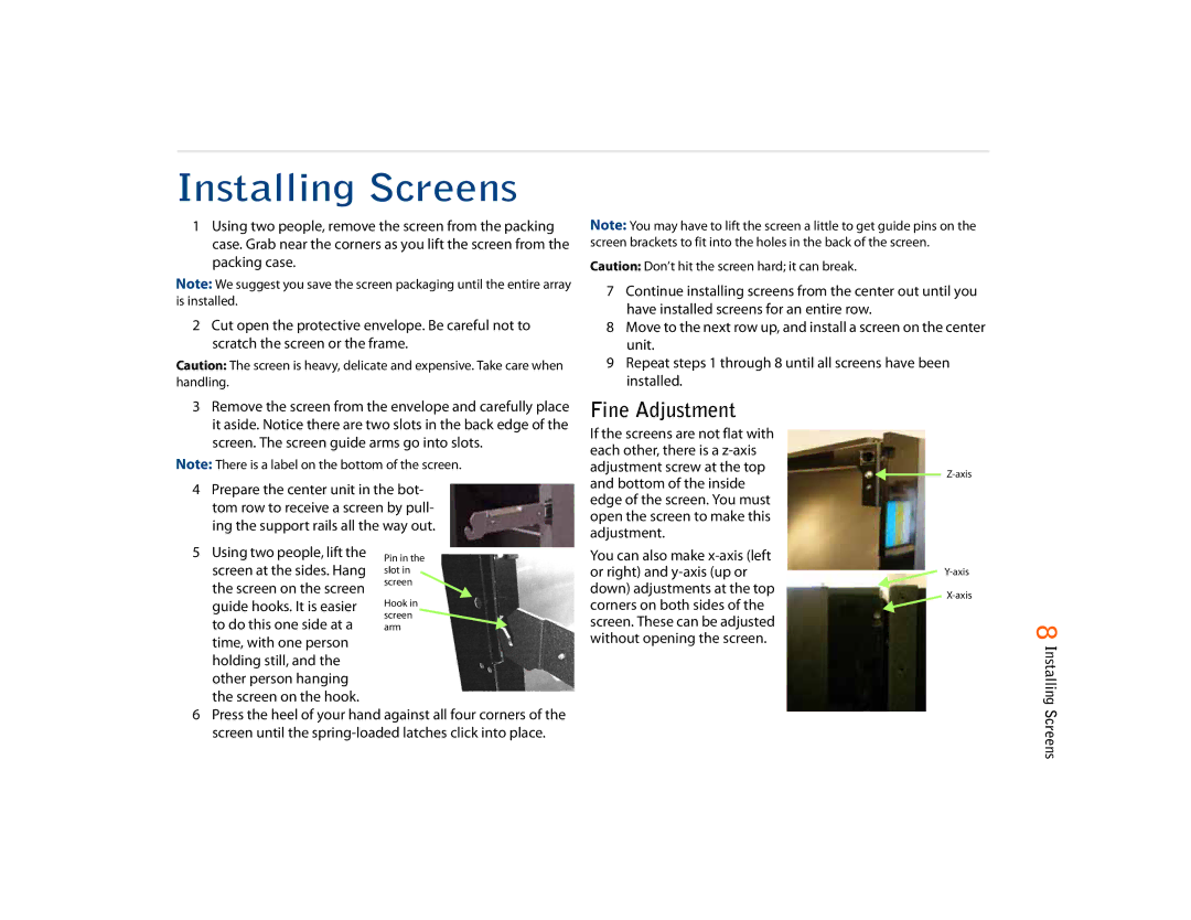 Planar C50RX, C67RP, C67RX Installing Screens, Fine Adjustment, Down adjustments at the top, Corners on both sides 