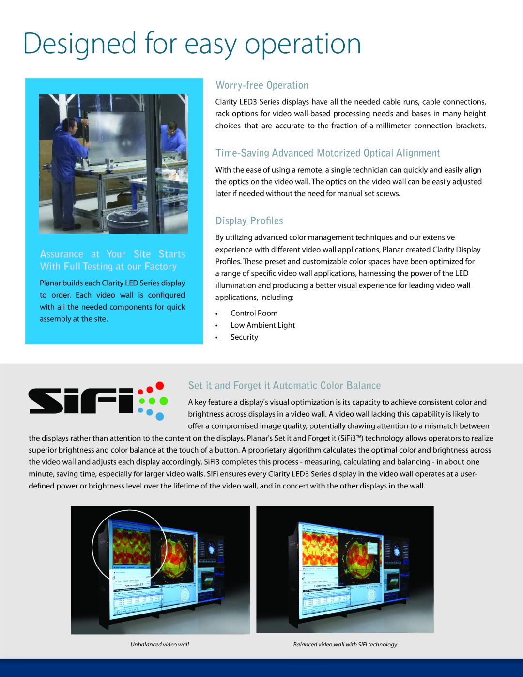 Planar Clarity LED3 manual Worry-free Operation, Time-Saving Advanced Motorized Optical Alignment, Display Profiles 