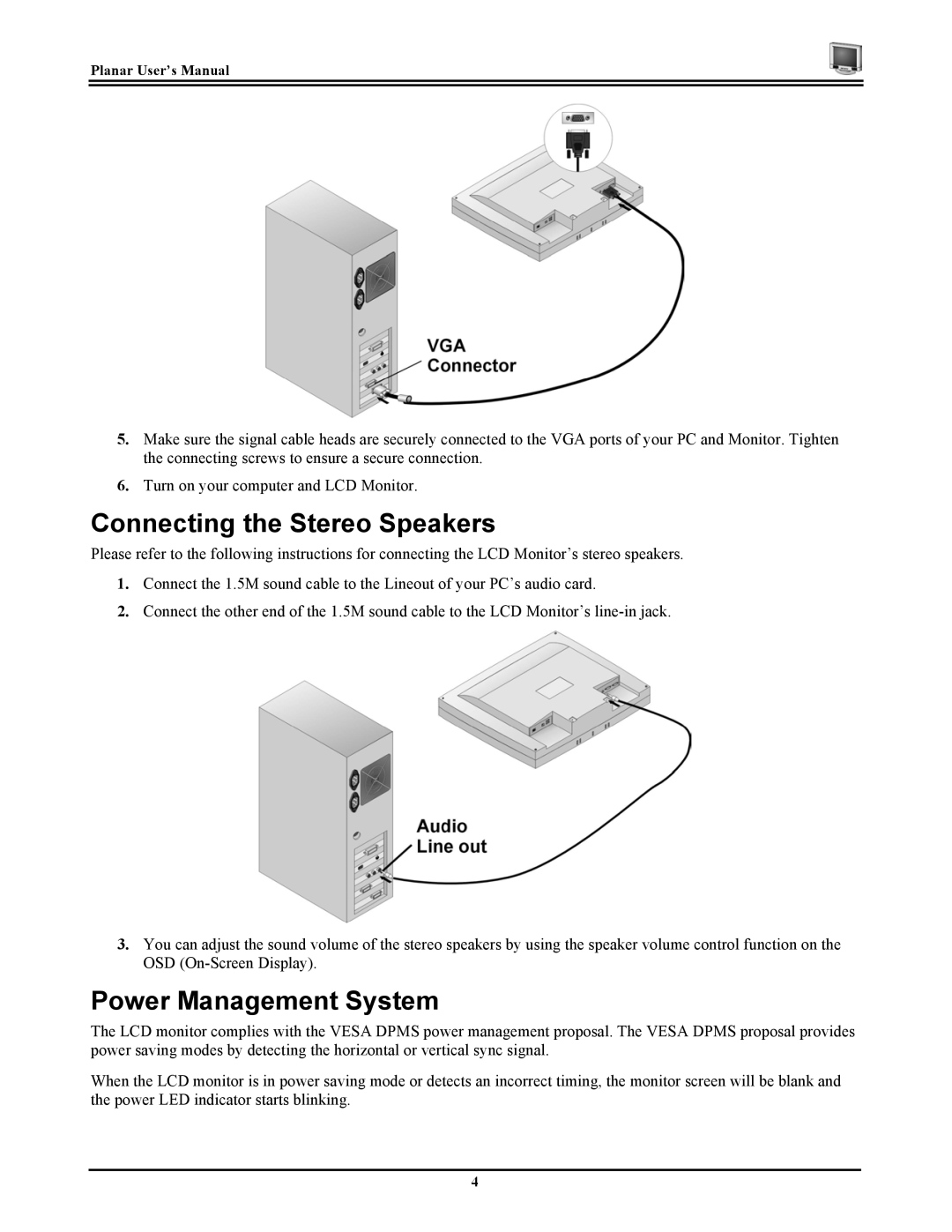 Planar CT1744NU manual Connecting the Stereo Speakers, Power Management System 