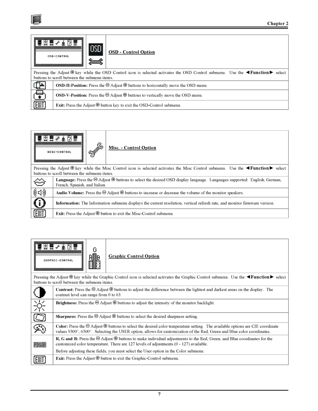 Planar CT1744NU manual Chapter OSD Control Option, Misc. Control Option, Graphic Control Option 