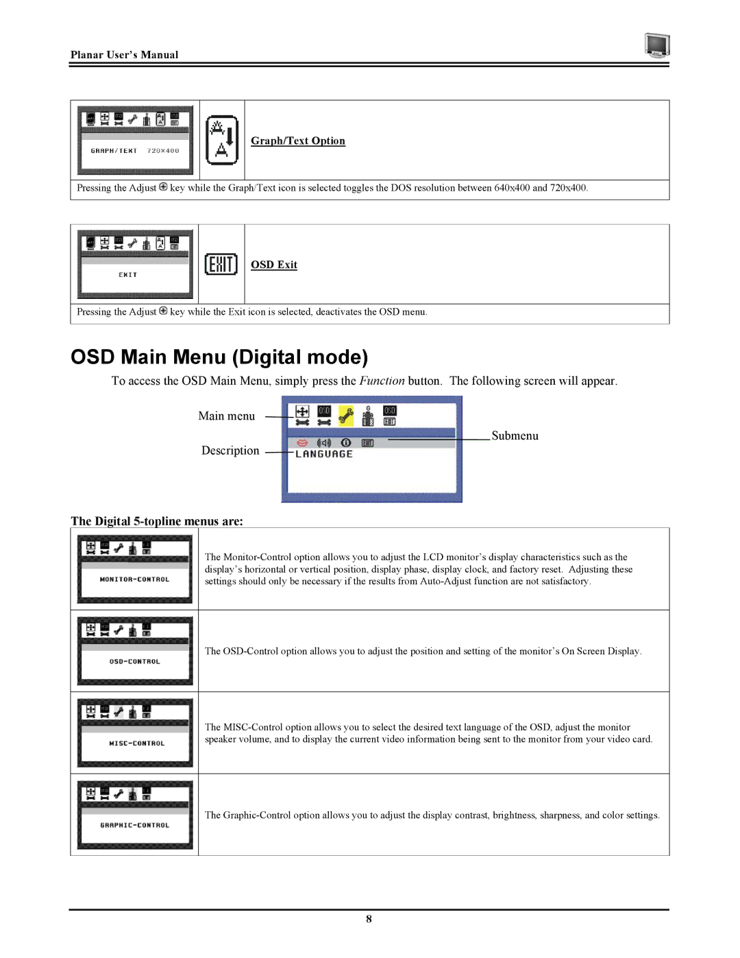 Planar CT1744NU OSD Main Menu Digital mode, Digital 5-topline menus are, Planar User’s Manual Graph/Text Option, OSD Exit 