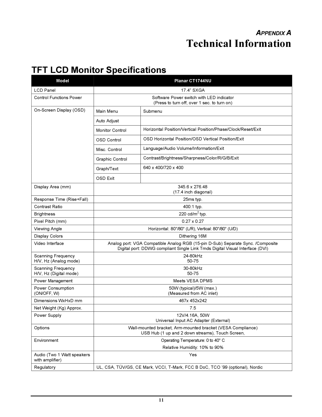 Planar CT1744NU manual Technical Information, TFT LCD Monitor Specifications 