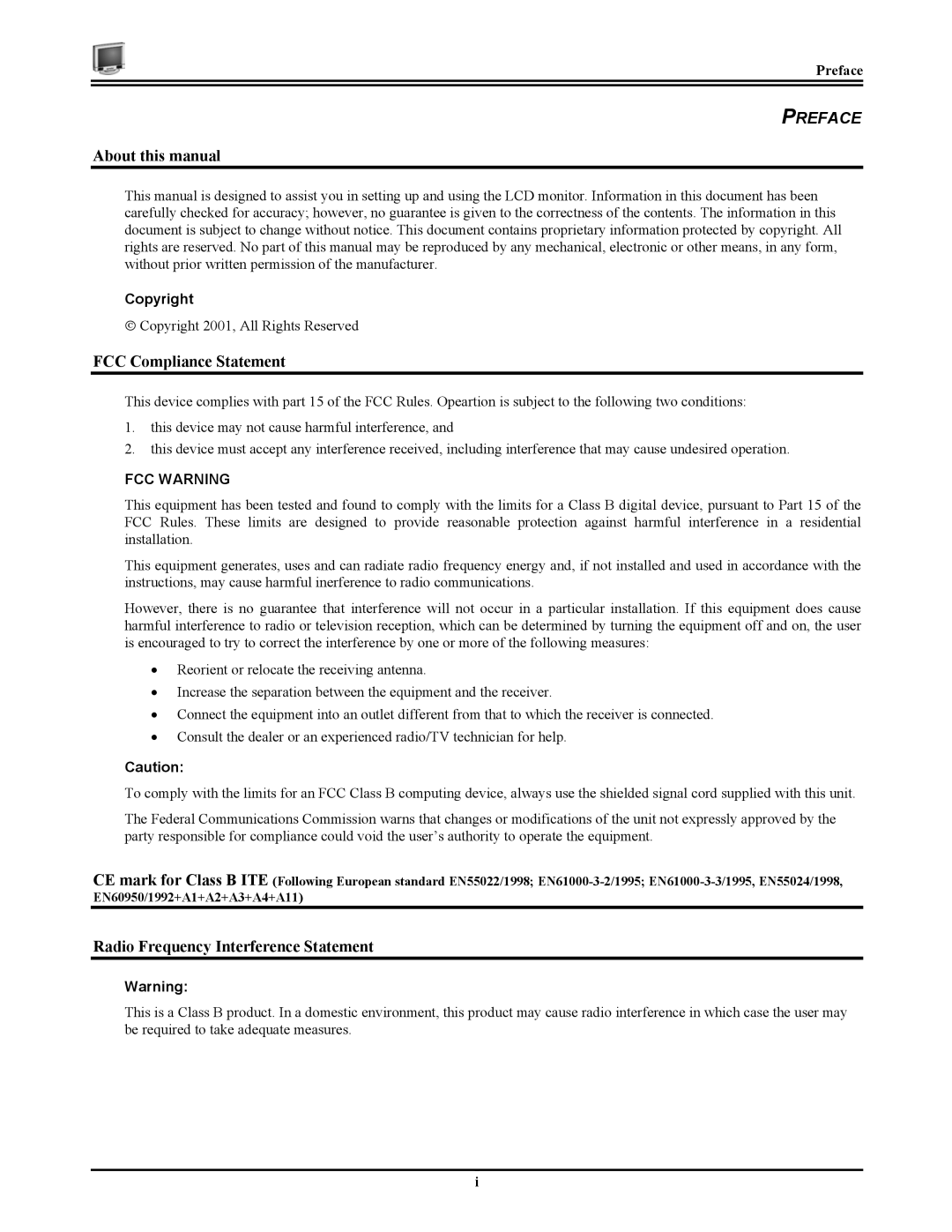 Planar CT1744NU About this manual, FCC Compliance Statement, Radio Frequency Interference Statement, Preface 