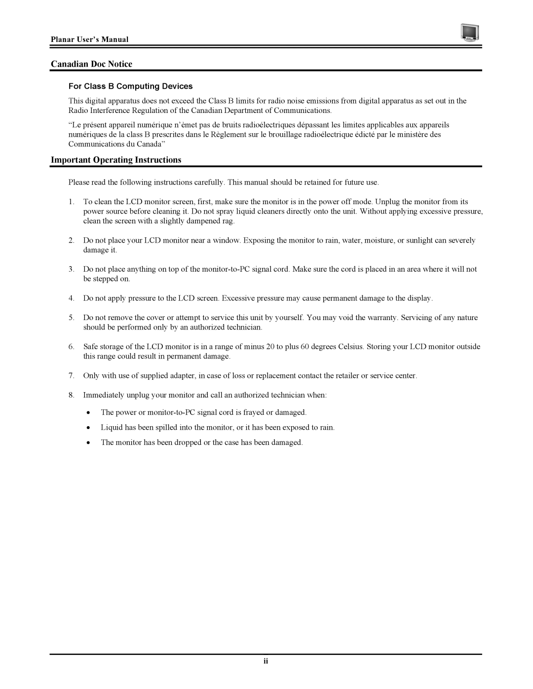 Planar CT1744NU manual Canadian Doc Notice, Important Operating Instructions, Planar User’s Manual 