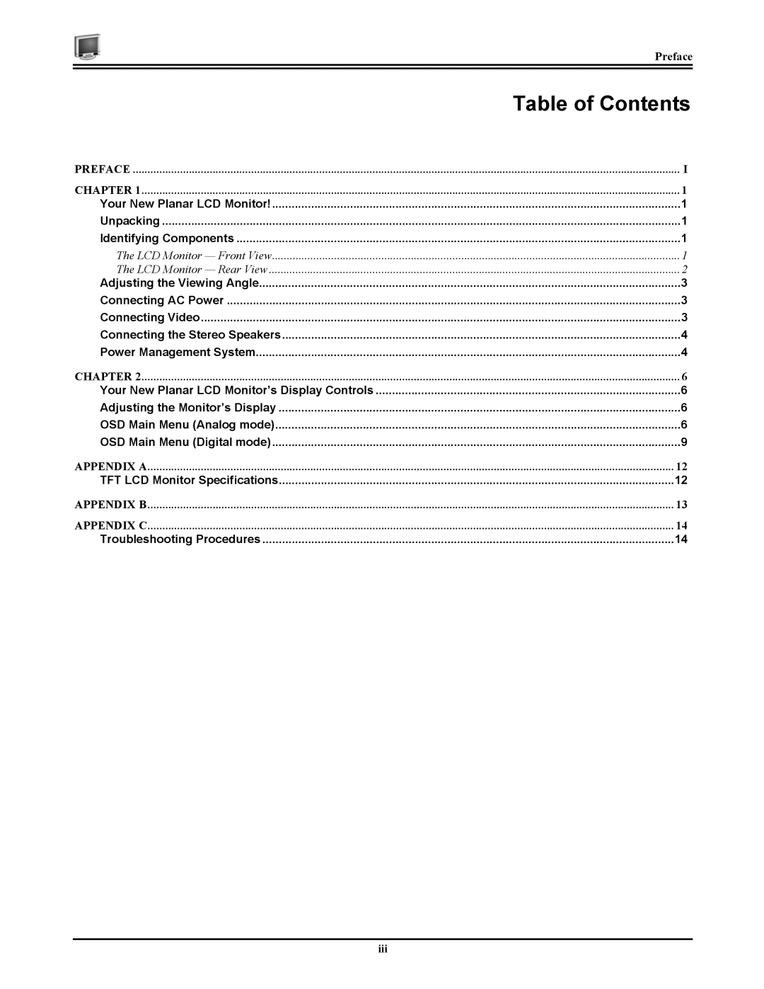 Planar CT1744NU manual Table of Contents 