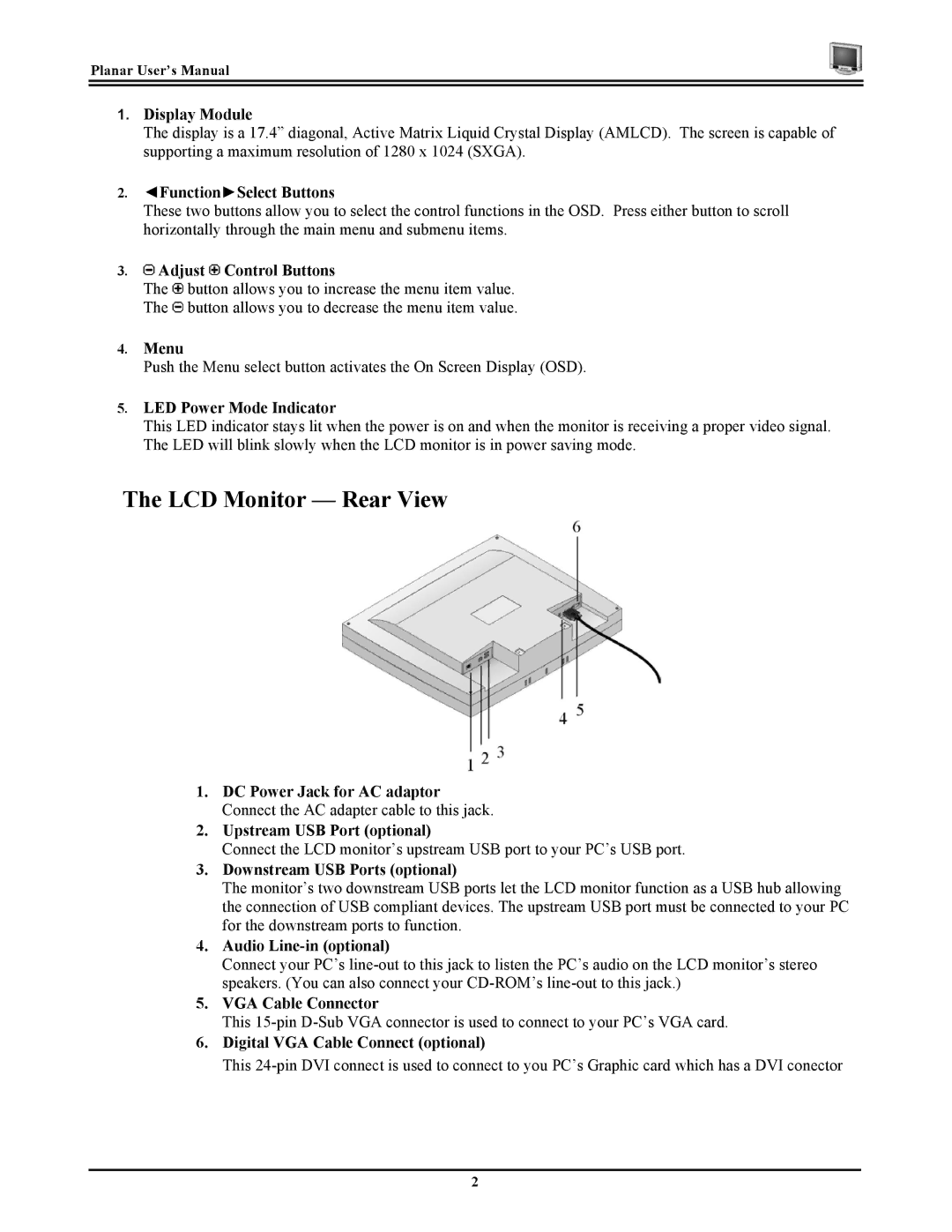 Planar CT1744NU manual Display Module, FunctionSelect Buttons, Adjust Control Buttons, Menu, LED Power Mode Indicator 