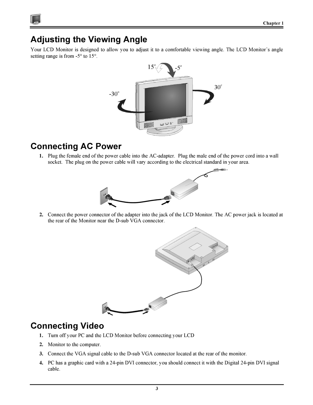 Planar CT1744NU manual Adjusting the Viewing Angle, Connecting AC Power, Connecting Video, Chapter 