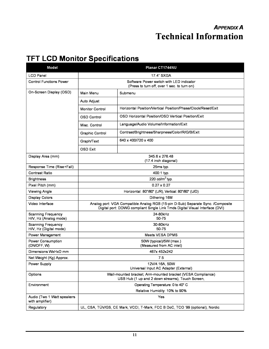Planar manual Technical Information, TFT LCD Monitor Specifications, Appendix A, Model, Planar CT1744NU 
