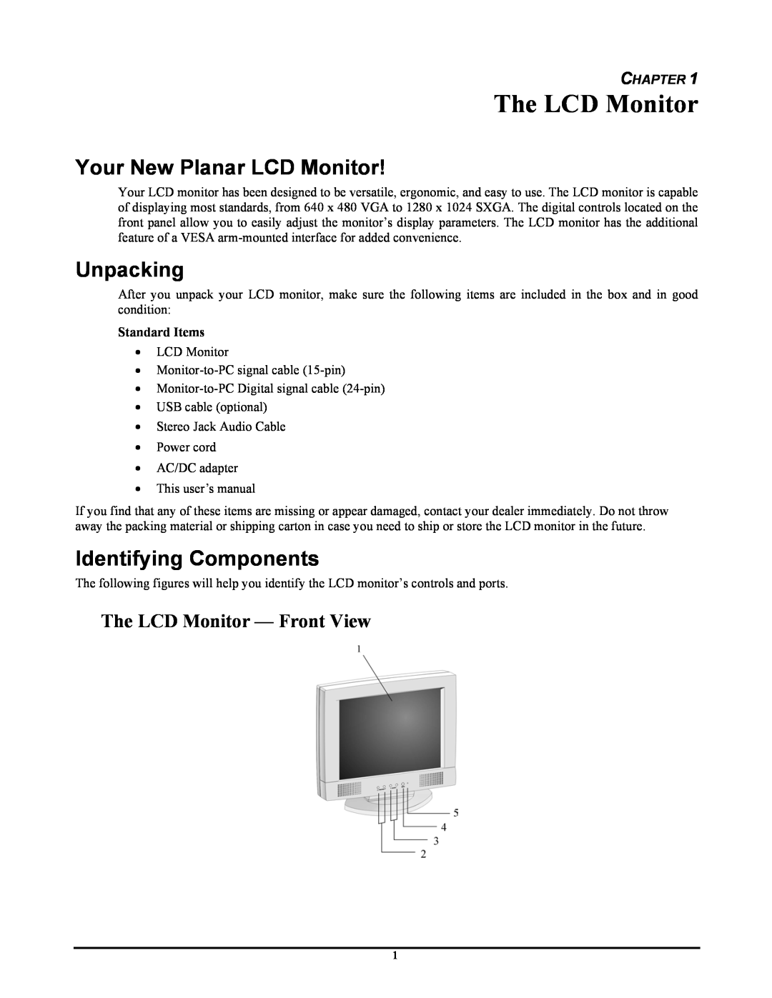 Planar CT1744NU manual The LCD Monitor, Your New Planar LCD Monitor, Unpacking, Identifying Components, Chapter 