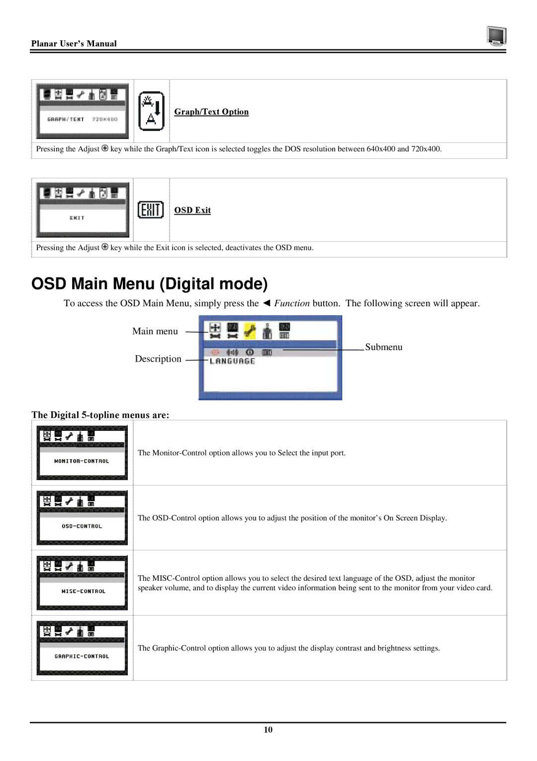 Planar CT1904Z OSD Main Menu Digital mode, Digital 5-topline menus are, Planar User’s Manual Graph/Text Option, OSD Exit 