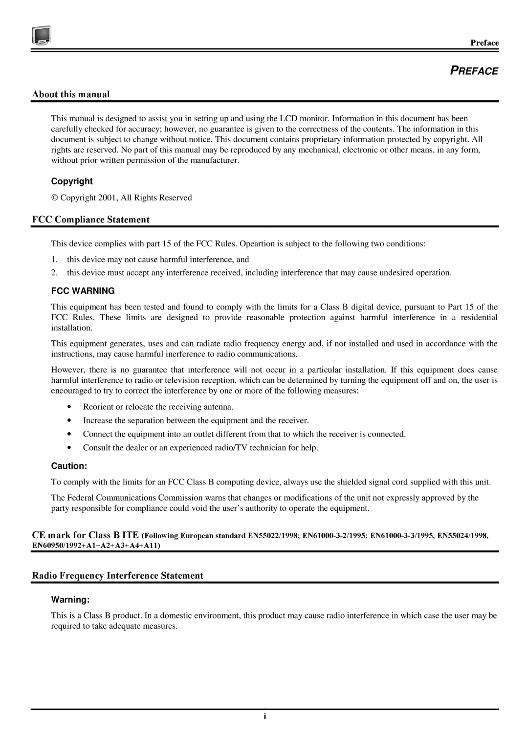 Planar CT1904Z About this manual, FCC Compliance Statement, Radio Frequency Interference Statement, Preface 